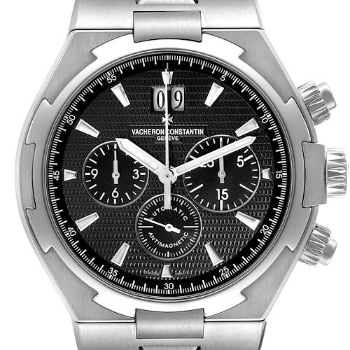 The image shows a frontal view of the Vacheron Constantin Overseas 49150/B01A Men's Stainless Steel Black Dial 49150/B01A Men's Stainless Steel Black Dial watch, featuring its dial, case, three sub-dials, and crown.