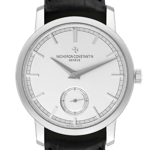 The Vacheron Constantin Traditionnelle 82172/000G Men's White Gold Silver Dial 82172/000G Men's White Gold Silver Dial watch is shown from a front angle, displaying the dial and part of the strap.
