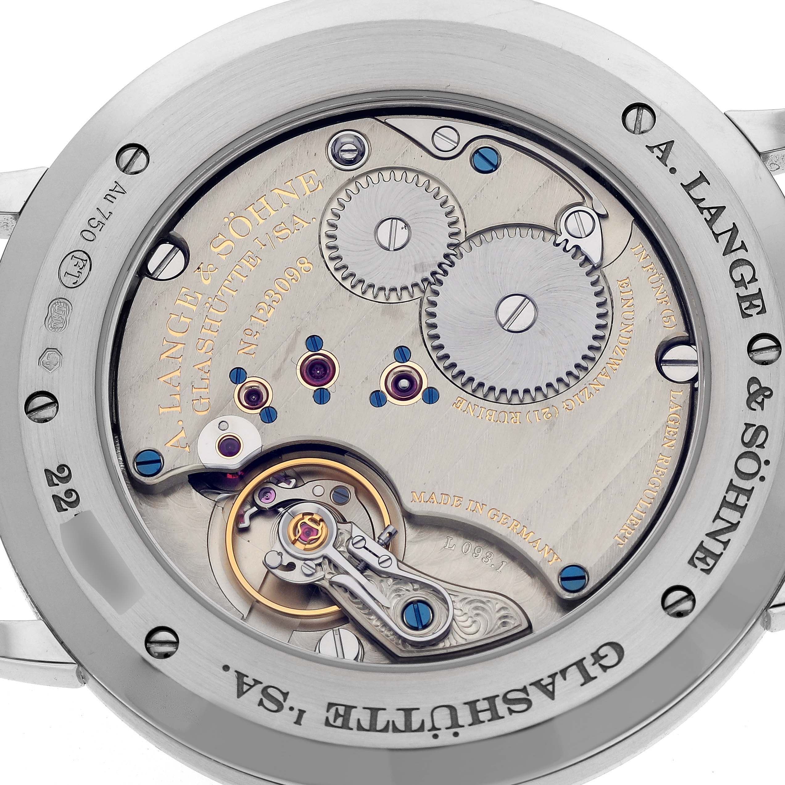 The image shows the back casing of the A. Lange & Sohne Saxonia 211.027 Men's White Gold Silver Dial watch, highlighting its intricate mechanical movement.