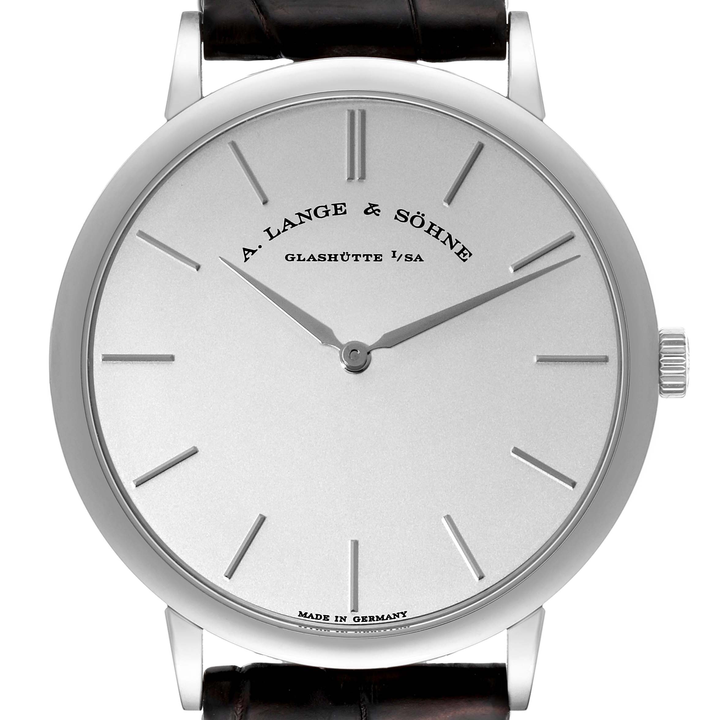 This image shows a front view of a Saxonia model by A. Lange & Söhne, highlighting the dial, case, and part of the strap.