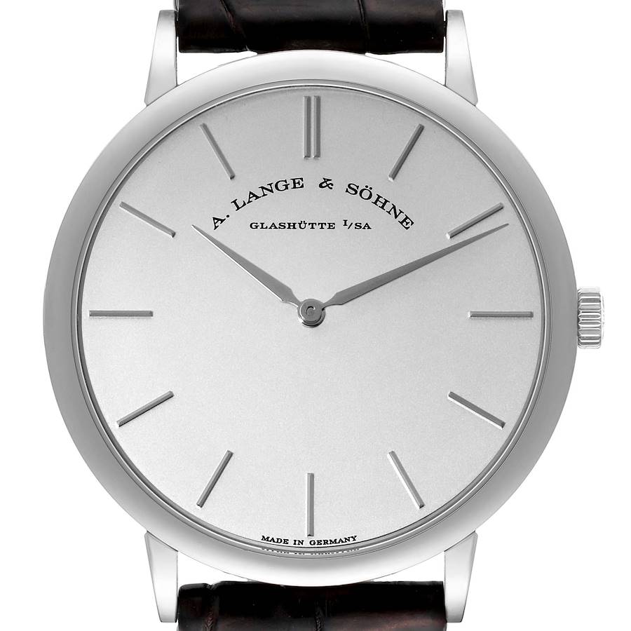 This image shows a front view of a Saxonia model by A. Lange & Söhne, highlighting the dial, case, and part of the strap.