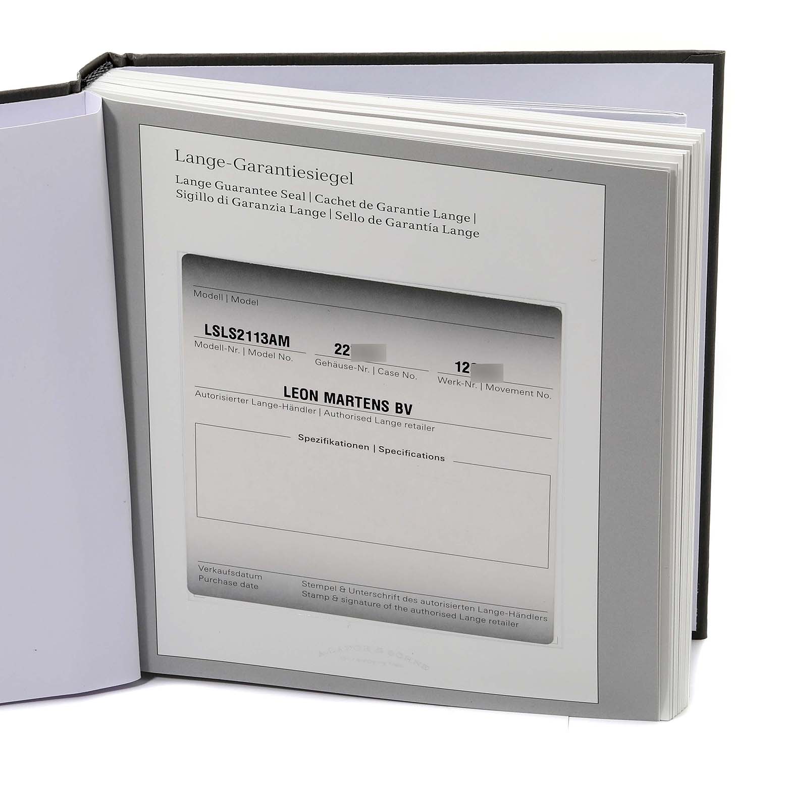 The image shows the guarantee book or certificate for the Saxonia model by A. Lange & Söhne, detailing model and identification information.