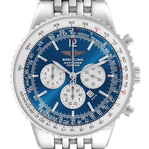 The Breitling Navitimer A35340 Men's Stainless Steel Blue Dial A35340 Men's Stainless Steel Blue Dial watch is shown from a front angle highlighting its blue dial, chronograph subdials, and stainless steel bracelet.