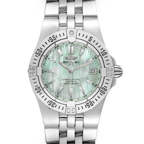 The image shows a top-down view of the Breitling A71340 Women's Stainless Steel Mother of Pearl Dial A71340 Women's Stainless Steel Mother of Pearl Dial Starliner Green Mother of Pearl Dial Steel Ladies Watch A71340 model.