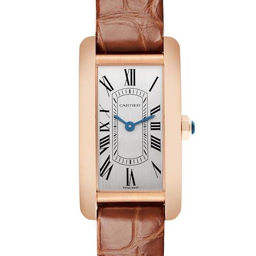 The Cartier Tank Americaine W2607456 Women's Rose Gold Silver Dial W2607456 Women's Rose Gold Silver Dial watch is shown from the front, displaying its rectangular face, Roman numerals, hands, and leather strap.