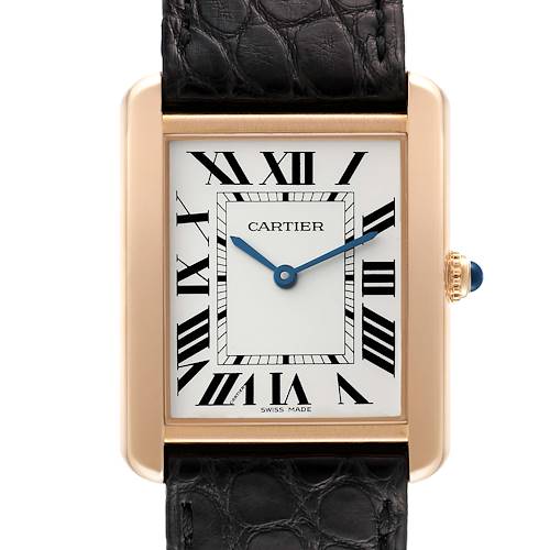 This image shows a front view of the Cartier Tank Solo W5200025 Men's Yellow Gold Silver Dial W5200025 Men's Yellow Gold Silver Dial watch, highlighting its face, Roman numerals, black leather strap, and crown with a blue cabochon.