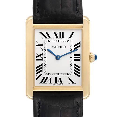 The image shows a frontal view of the Cartier Tank Solo W5200004 Men's Yellow Gold Silver Dial W5200004 Men's Yellow Gold Silver Dial watch, highlighting its face, bezel, and part of the black leather strap.