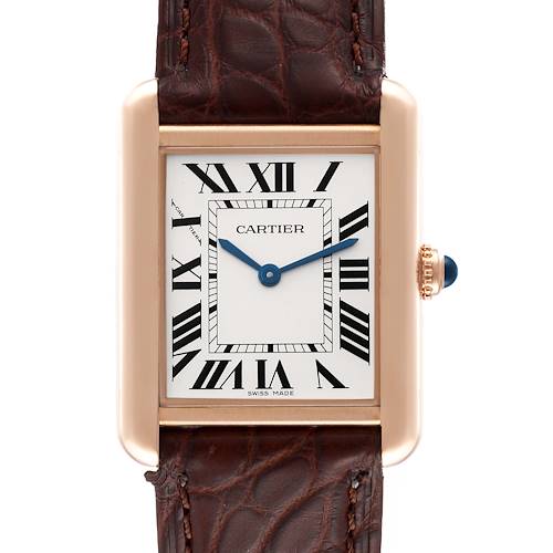 This is a close-up front view of the Cartier Tank Solo W5200024 Women's Rose Gold Silver Dial W5200024 Women's Rose Gold Silver Dial watch, showing the face, bezel, and part of the leather strap.