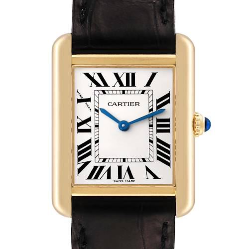 This image shows a frontal view of the Cartier Tank Solo W5200002 Women's Yellow Gold Silver Dial W5200002 Women's Yellow Gold Silver Dial watch, highlighting its face, Roman numerals, and leather strap.