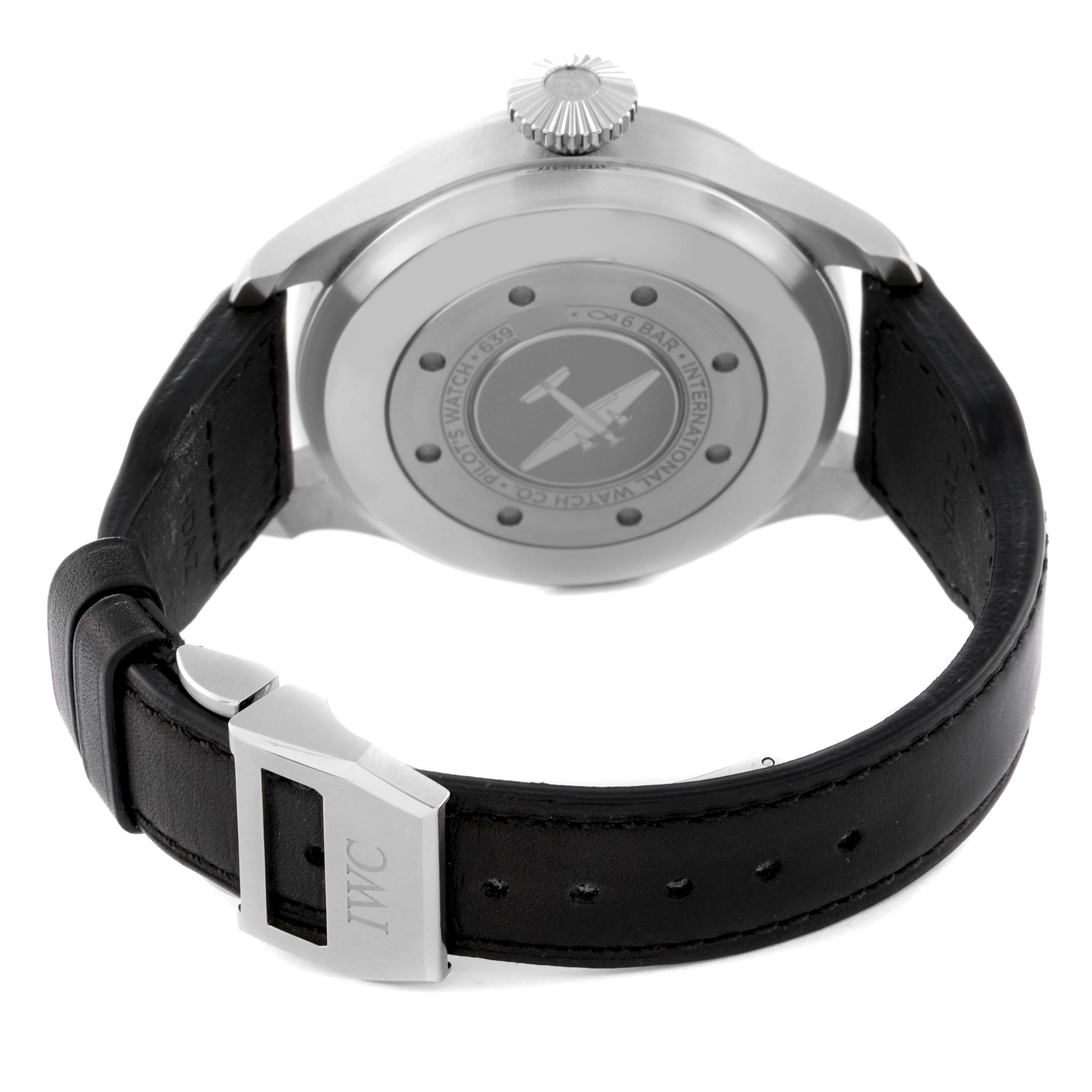 The image shows the back and strap of the IWC Pilot IW501001 Men's Stainless Steel Black Dial IW501001 Men's Stainless Steel Black Dial model watch.