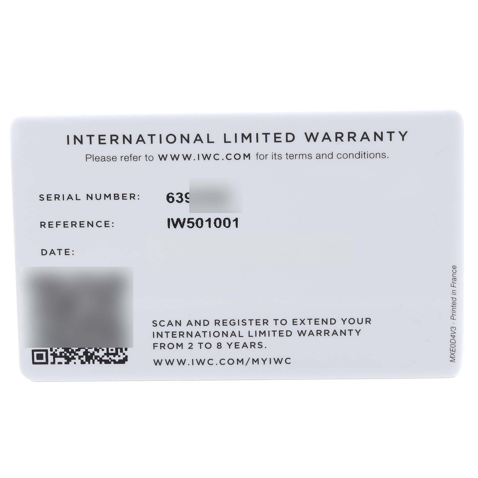 This is a close-up image of the International Limited Warranty card for the IWC Pilot IW501001 Men's Stainless Steel Black Dial IW501001 Men's Stainless Steel Black Dial model watch, showing reference number and serial number details.