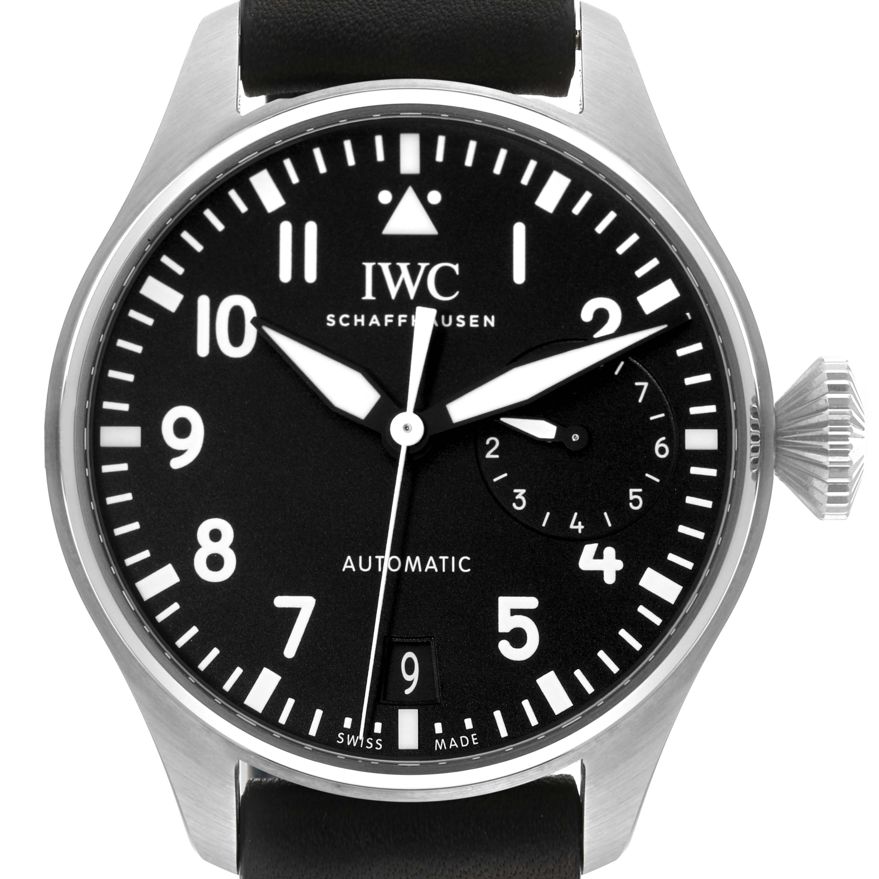 The IWC Pilot IW501001 Men's Stainless Steel Black Dial IW501001 Men's Stainless Steel Black Dial watch is shown from the front, highlighting its black dial, white numerals, and crown on the right side.