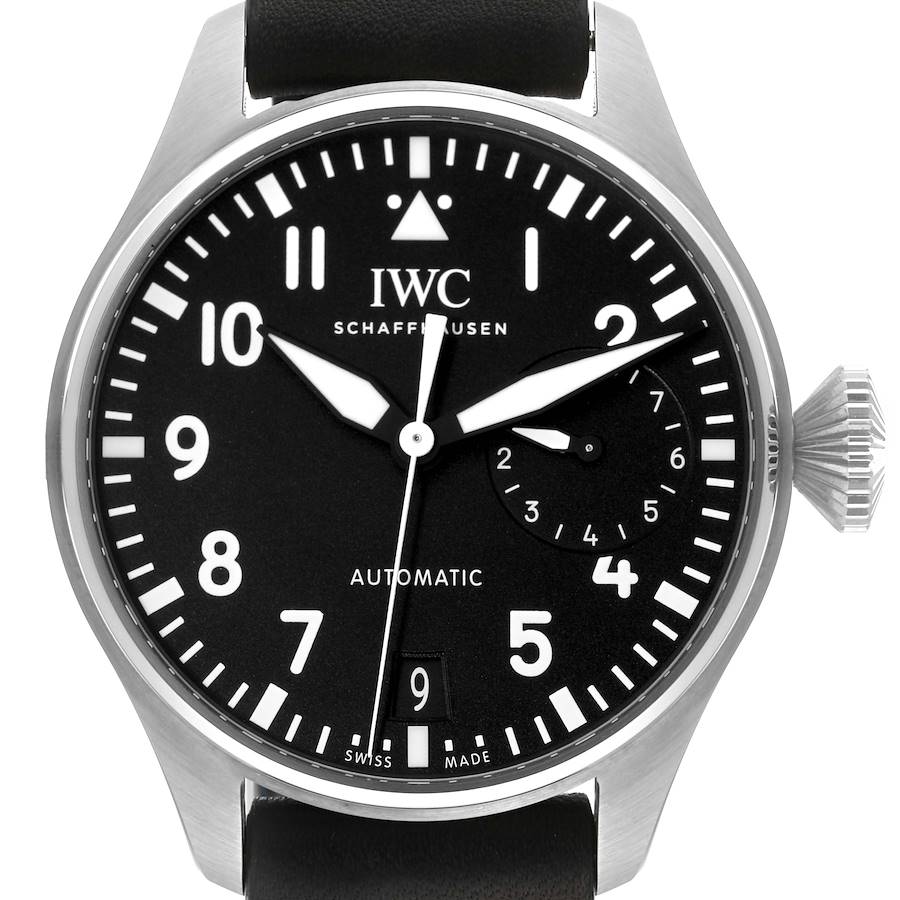 The IWC Pilot IW501001 Men's Stainless Steel Black Dial IW501001 Men's Stainless Steel Black Dial watch is shown from the front, highlighting its black dial, white numerals, and crown on the right side.