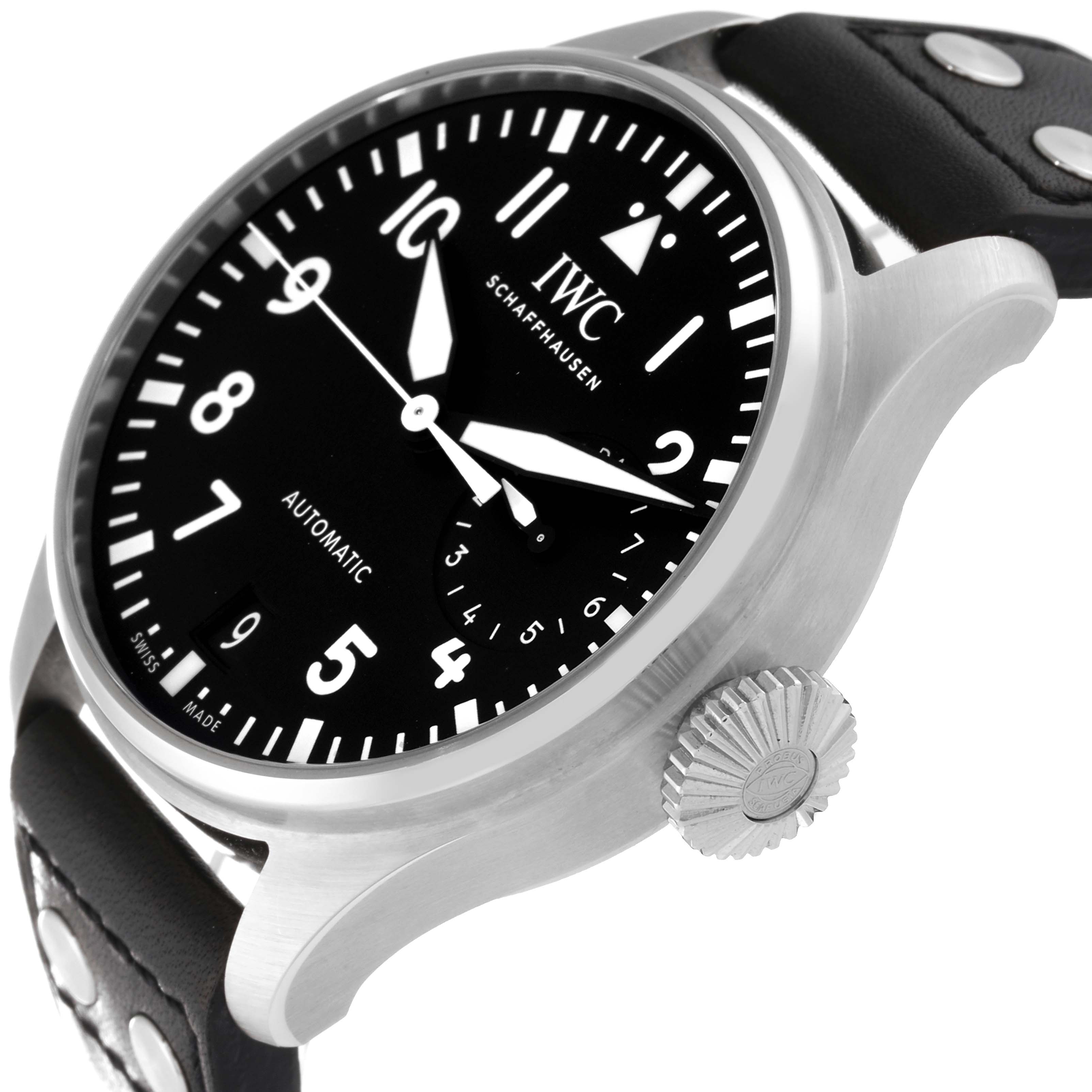 The image shows a side angle of the IWC Pilot IW501001 Men's Stainless Steel Black Dial IW501001 Men's Stainless Steel Black Dial watch, highlighting the face, crown, and leather strap.