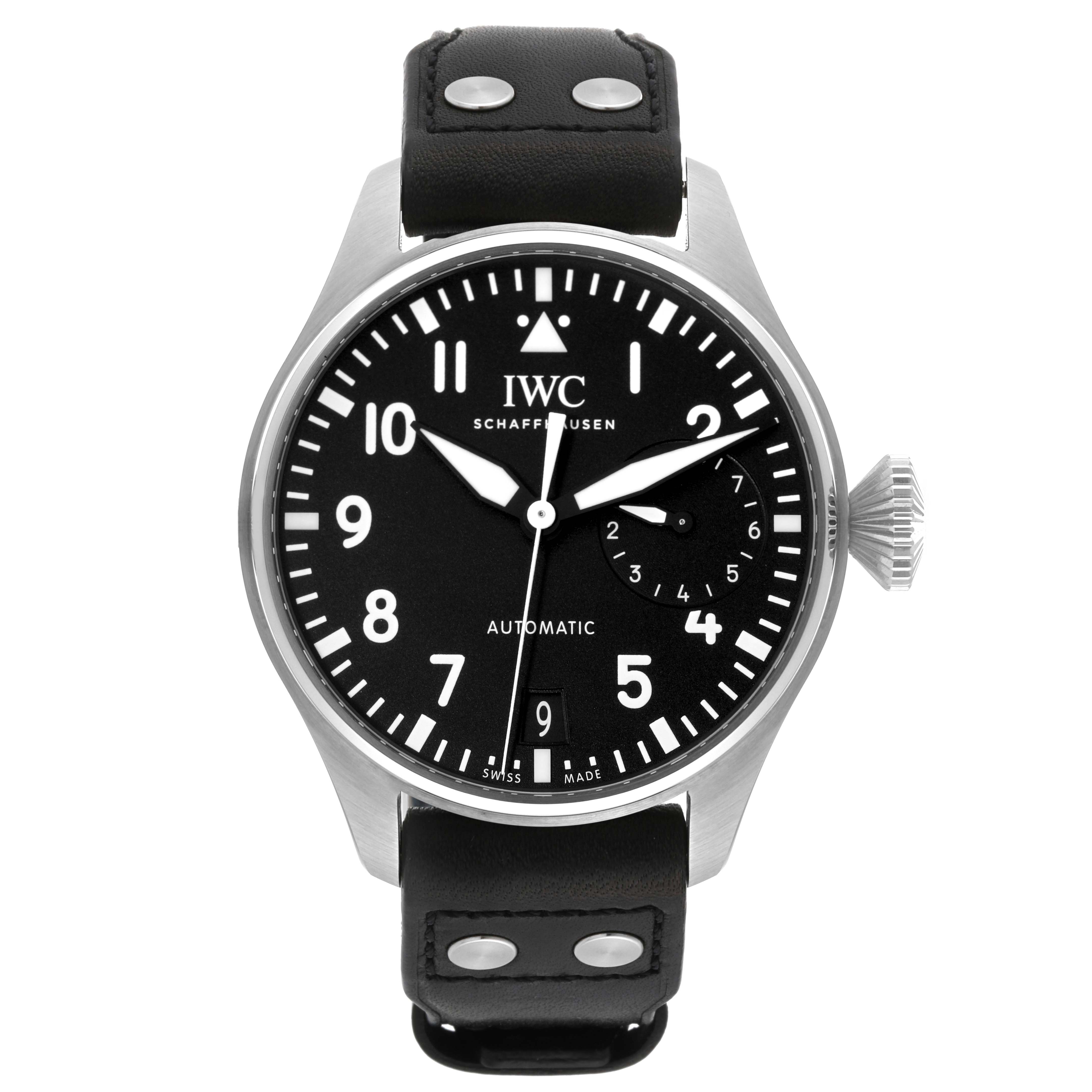 The image shows a front view of the IWC Pilot IW501001 Men's Stainless Steel Black Dial IW501001 Men's Stainless Steel Black Dial model watch, highlighting the dial, hands, and strap.