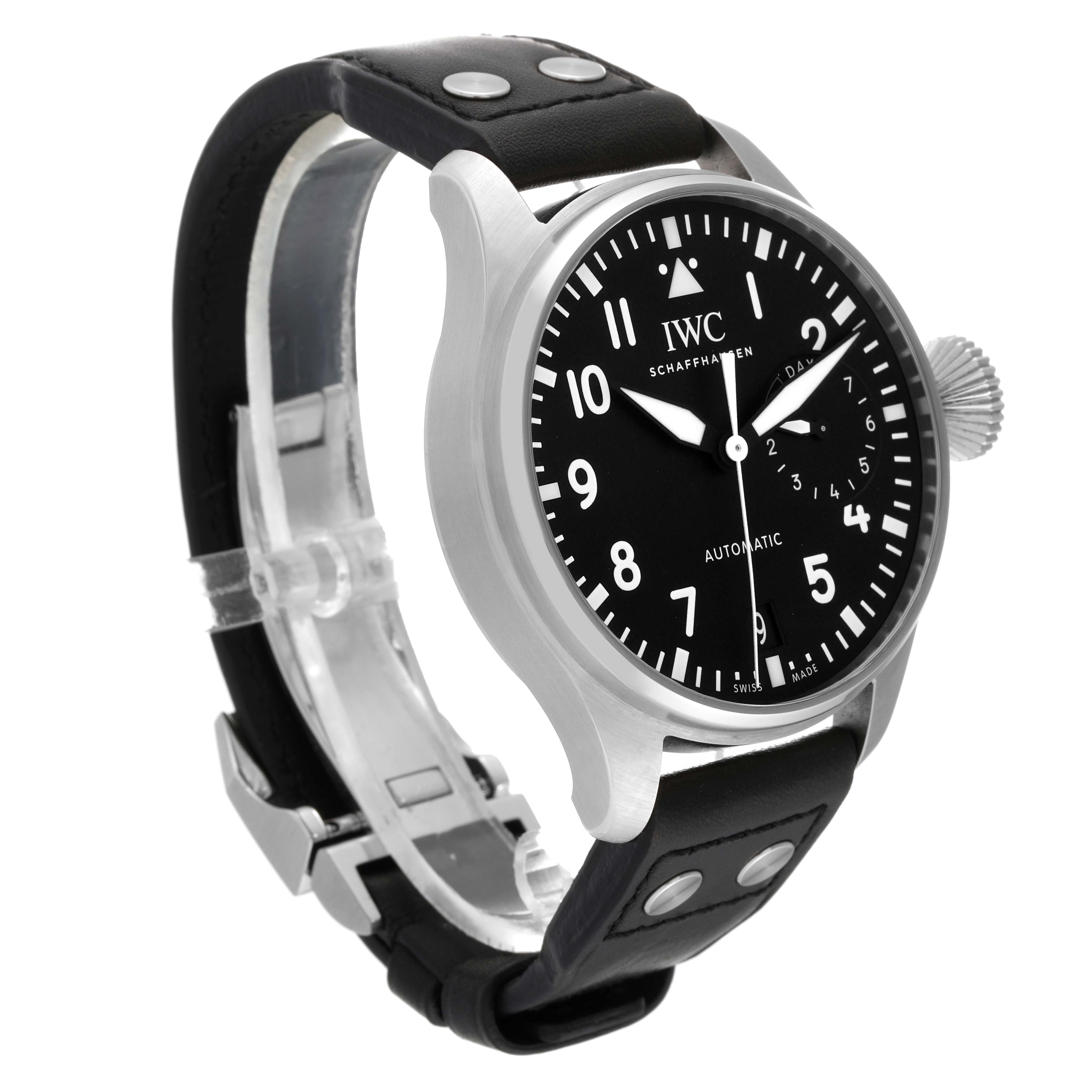 The image shows an angled view of an IWC Pilot IW501001 Men's Stainless Steel Black Dial IW501001 Men's Stainless Steel Black Dial watch, highlighting its face, bezel, leather strap, and crown.