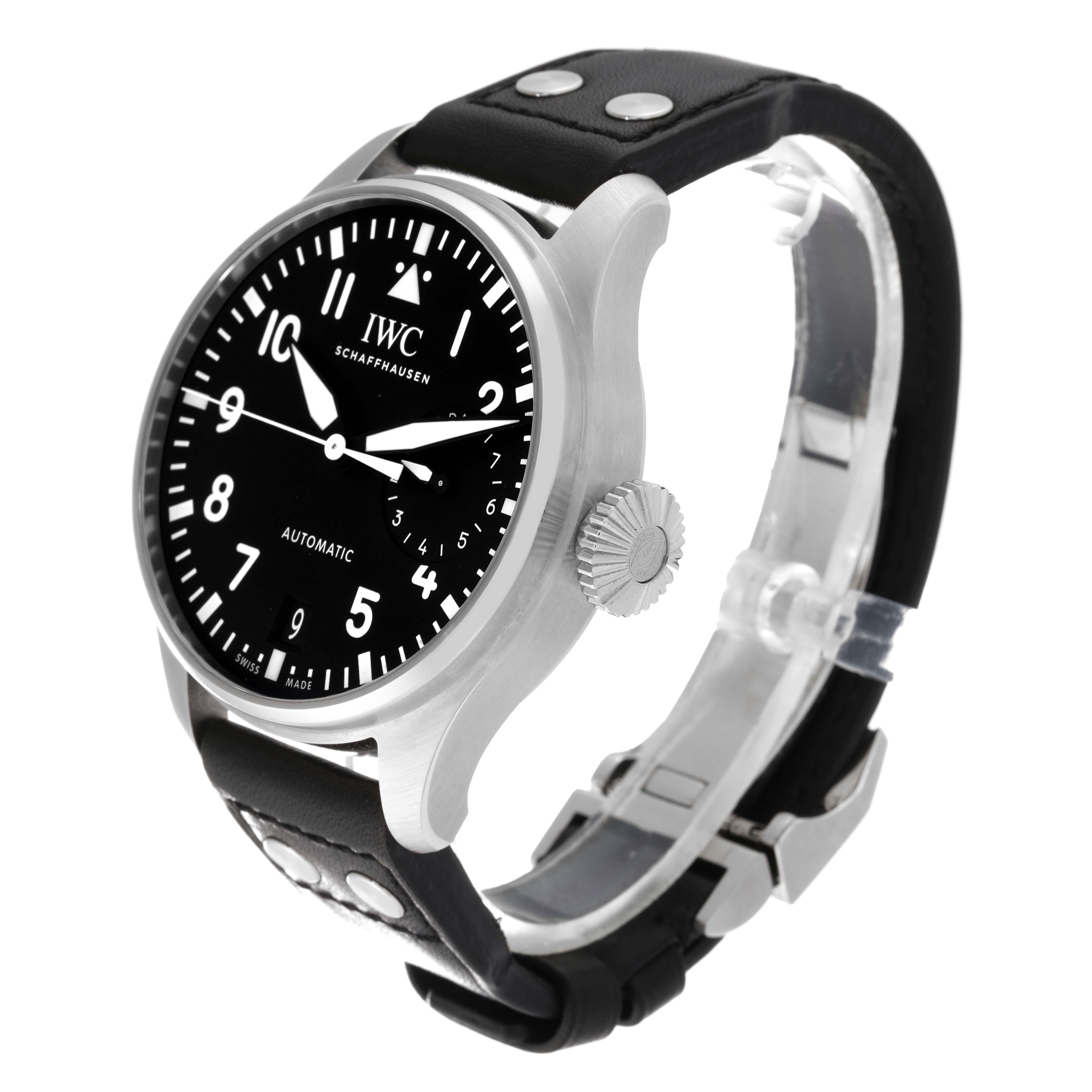 The IWC Pilot IW501001 Men's Stainless Steel Black Dial IW501001 Men's Stainless Steel Black Dial model watch is shown at a side angle, displaying the face, crown, bezel, and part of the strap.