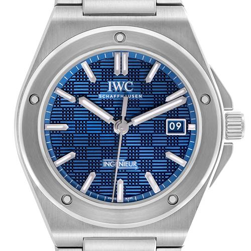 The IWC Ingenieur IW328907 Men's Stainless Steel Blue Dial IW328907 Men's Stainless Steel Blue Dial watch is shown from the front, displaying the blue dial, date window, hands, hour markers, and bezel.