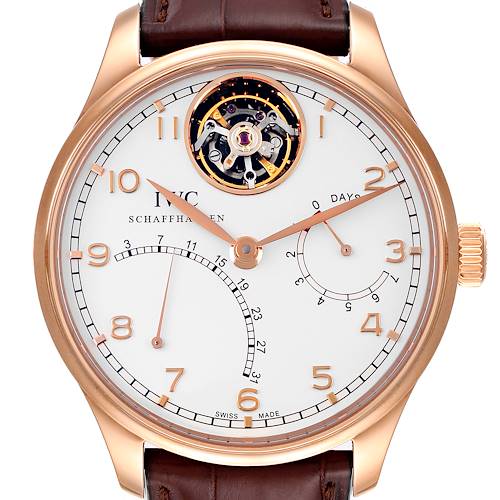 The image shows a front view of an IWC Portuguese IW504402 Men's Rose Gold Silver Dial IW504402 Men's Rose Gold Silver Dial watch, displaying its dial, subdials, and tourbillon.