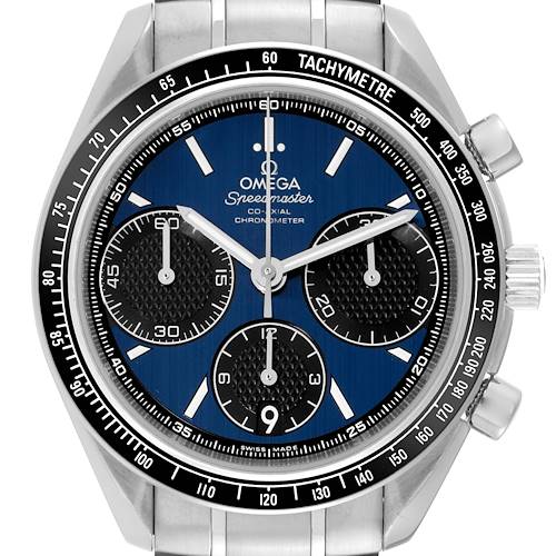 The image shows a front view of an Omega Speedmaster 326.30.40.50.03.001 Men's Stainless Steel Blue Dial 326.30.40.50.03.001 Men's Stainless Steel Blue Dial watch, featuring its face, bezel, and bracelet.
