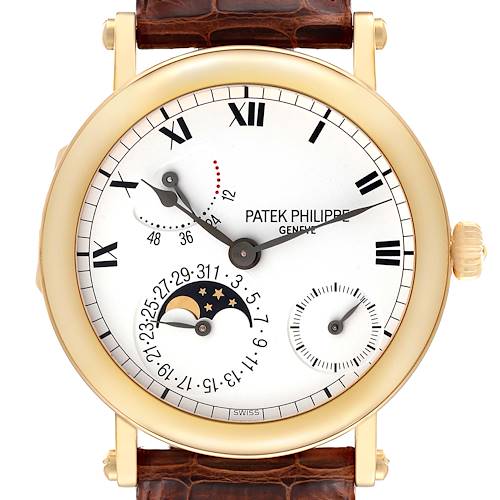 This image shows a front view of the Patek Philippe Complications 5054 Men's Yellow Gold White Dial 5054 Men's Yellow Gold White Dial watch, displaying its dial and complications.