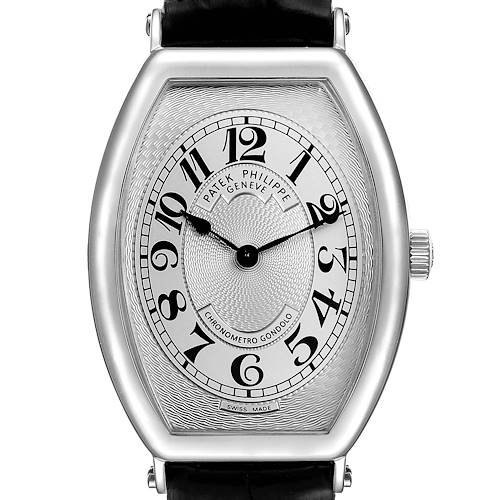 This image shows a front view of the Patek Philippe Gondolo 5098P Men's Platinum Silver Dial 5098P Men's Platinum Silver Dial watch, highlighting its dial, numerals, and crown.