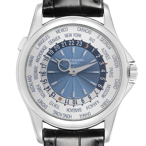 The Patek Philippe Complications 5130P Men's Platinum Silver Dial 5130P Men's Platinum Silver Dial watch is shown from the front, displaying its dial and world time feature.