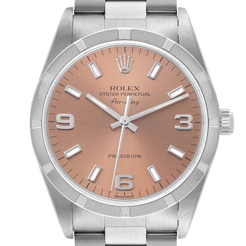 The Rolex Air-King 14010 Men's Stainless Steel Pink Dial 14010 Men's Stainless Steel Pink Dial watch is shown from a front angle, displaying the dial, bezel, and a portion of the bracelet.