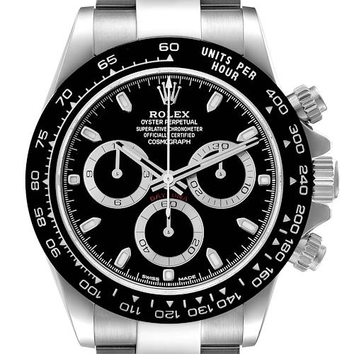 This image shows a frontal view of the Rolex Daytona 116500 Men's Stainless Steel Black Dial 116500 Men's Stainless Steel Black Dial watch, highlighting the dial, bezel, and side buttons.