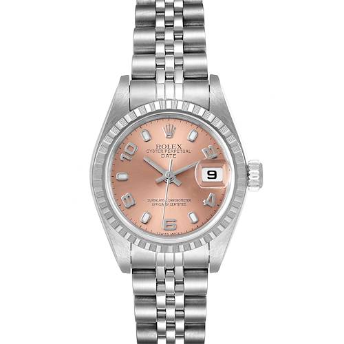 The image shows a full frontal view of a Rolex Oyster Perpetual Date watch with a pink dial and jubilee bracelet.
