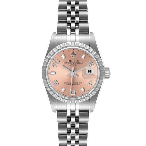 The image shows a front view of a Rolex Oyster Perpetual Date watch, highlighting its pink dial, bezel, and bracelet.
