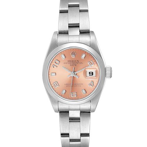 This image shows a frontal view of the Rolex Date 69160 Women's Stainless Steel Pink Dial 69160 Women's Stainless Steel Pink Dial watch, displaying the dial, bezel, crown, and stainless steel bracelet.