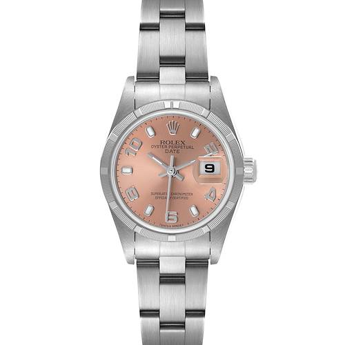 The image shows a front view of a Rolex Date 79190 Women's Stainless Steel Pink Dial 79190 Women's Stainless Steel Pink Dial watch, highlighting its dial, case, bracelet, and date window.