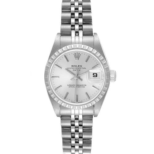 The Rolex Date 79240 Women's Stainless Steel Silver Dial 79240 Women's Stainless Steel Silver Dial model watch is shown from the front, highlighting its dial, bezel, and Jubilee bracelet.
