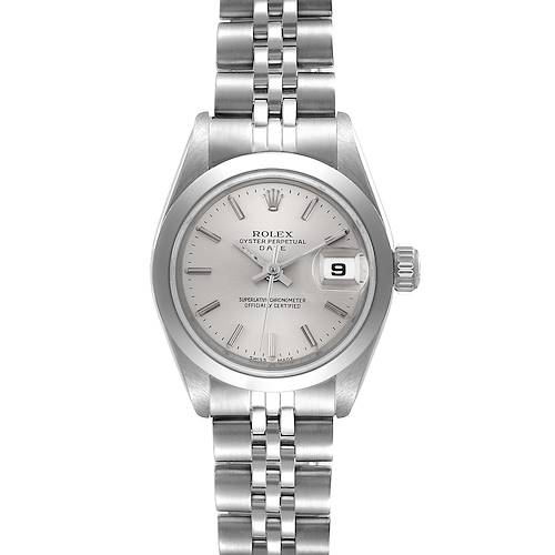 The image shows a frontal view of the Rolex Date 69160 Women's Stainless Steel Silver Dial 69160 Women's Stainless Steel Silver Dial model, displaying the dial, hour markers, date window, and bracelet.