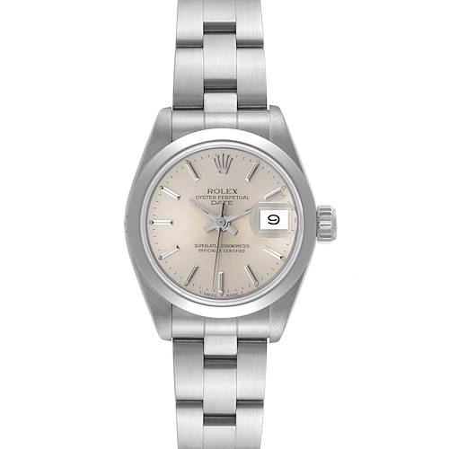 The image shows a front view of a Rolex Oyster Perpetual 69160 Women's Stainless Steel Silver Dial 69160 Women's Stainless Steel Silver Dial Date watch, displaying its face, bracelet, and crown.