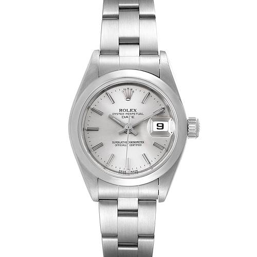 This image shows a frontal view of the Rolex Date 79160 Women's Stainless Steel Silver Dial 79160 Women's Stainless Steel Silver Dial model, displaying the watch face, bracelet, and date window.