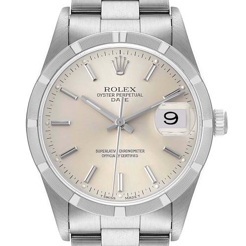This is a front view of the Rolex Oyster Perpetual Date model showing the dial, bezel, hands, bracelet, crown, and date window.