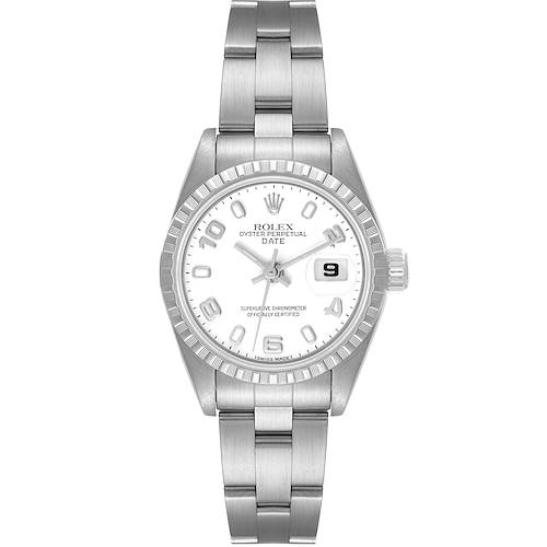 This image shows a Rolex Date 79240 Women's Stainless Steel White Dial 79240 Women's Stainless Steel White Dial model watch from the front, highlighting the dial, bezel, and bracelet.