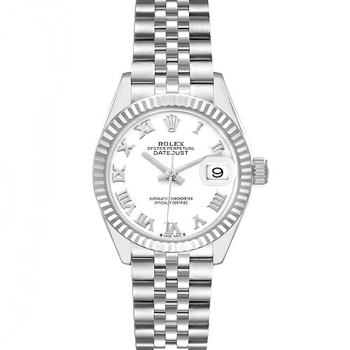 The Rolex Datejust 279174 Women's Stainless Steel White Dial 279174 Women's Stainless Steel White Dial is shown from a frontal angle, displaying the face, dial, fluted bezel, and bracelet.