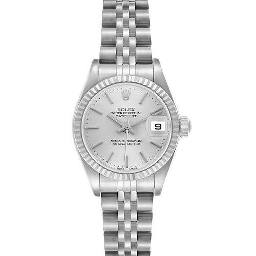 The Rolex Datejust 79174 Women's Stainless Steel Silver Dial 79174 Women's Stainless Steel Silver Dial watch is shown from a frontal angle, displaying the dial, fluted bezel, and Jubilee bracelet.