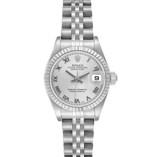 The image shows a frontal view of a Rolex Datejust 79174 Women's Stainless Steel Silver Dial 79174 Women's Stainless Steel Silver Dial watch, highlighting the dial, bezel, bracelet, and date window.