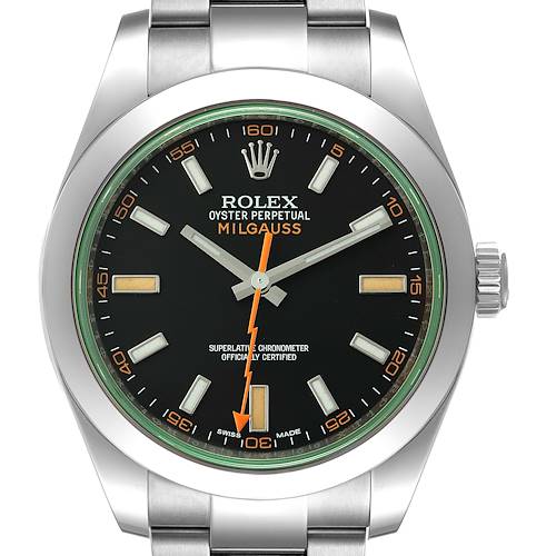 The image shows a front view of the Rolex Milgauss 116400GV Men's Stainless Steel Black Dial 116400GV Men's Stainless Steel Black Dial watch, displaying the face, hands, and bracelet.