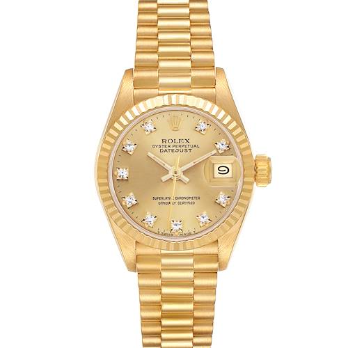 The Rolex President 69178 Women's Yellow Gold Champagne Dial 69178 Women's Yellow Gold Champagne Dial features a frontal view showing the dial, fluted bezel, date window, and bracelet.