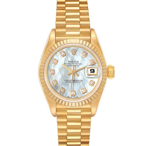 The image shows a full view of the Rolex President 69178 Women's Yellow Gold Mother of Pearl Dial 69178 Women's Yellow Gold Mother of Pearl Dial watch model, including its gold case, bracelet, and detailed dial with a date window.