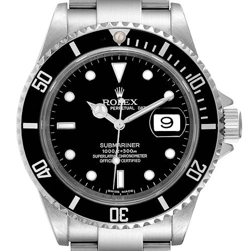 The image shows a frontal view of a Rolex Submariner 16610 Men's Stainless Steel Black Dial 16610 Men's Stainless Steel Black Dial watch, highlighting the dial, bezel, hands, and bracelet.