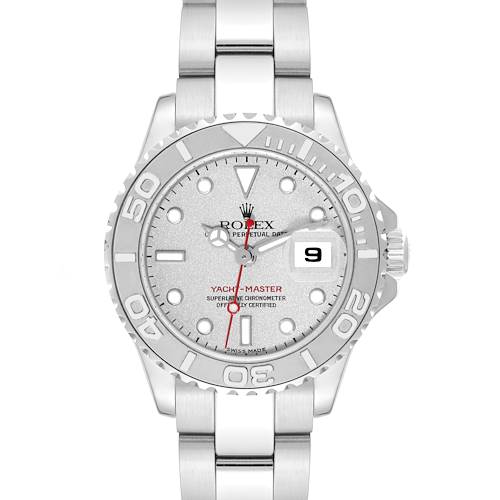 This image shows a frontal view of the Rolex Yacht-Master 169622 Women's Stainless Steel Silver Dial 169622 Women's Stainless Steel Silver Dial watch displaying its dial, bezel, bracelet, and part of the crown.