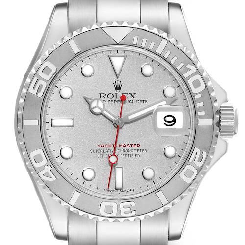This image shows a front view of a Rolex Yacht-Master 16622 Men's Stainless Steel Silver Dial 16622 Men's Stainless Steel Silver Dial watch, highlighting the dial, bezel, and part of the bracelet.