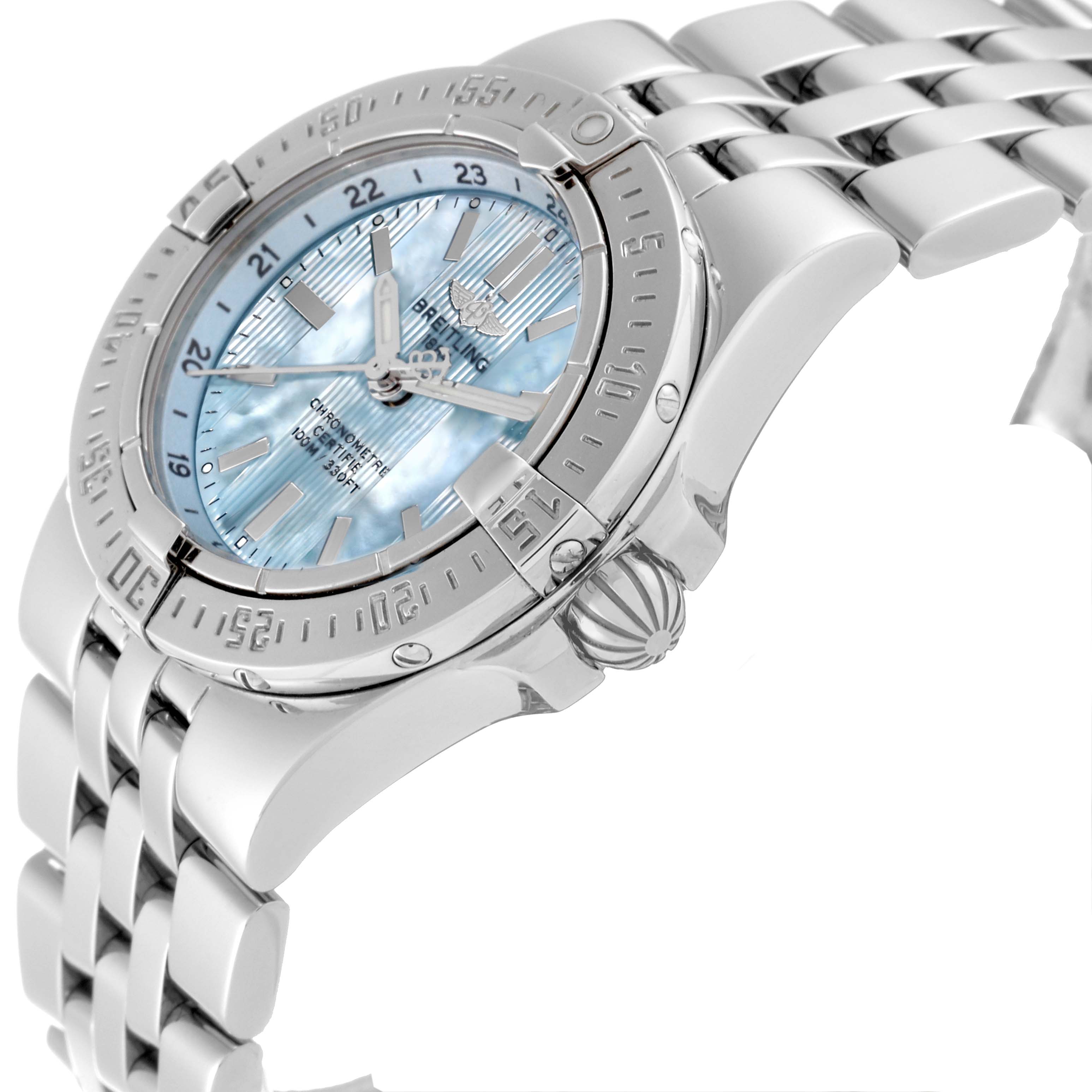 This image shows a side angle view of the Breitling A71340 Women's Stainless Steel Mother of Pearl Dial A71340 Women's Stainless Steel Mother of Pearl Dial Starliner Blue Mother of Pearl Dial Steel Ladies Watch A71340, highlighting the dial, case, and bracelet.