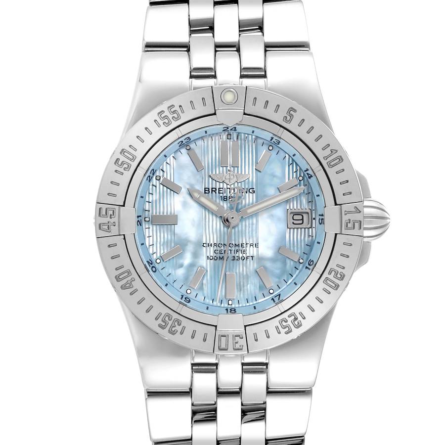 The Breitling A71340 Women's Stainless Steel Mother of Pearl Dial A71340 Women's Stainless Steel Mother of Pearl Dial Starliner Blue Mother of Pearl Dial Steel Ladies Watch A71340 is shown from a frontal angle, displaying the dial and bracelet.